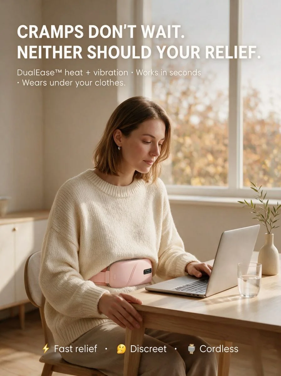 Woman wearing EaseDays belt while working at a sunlit desk