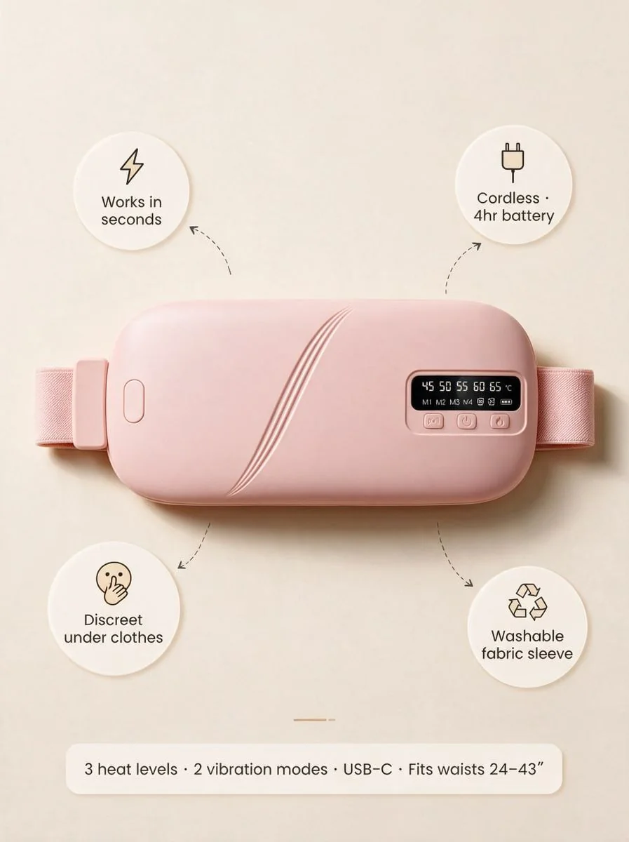 EaseDays belt with feature callouts: works in seconds, cordless, discreet, washable