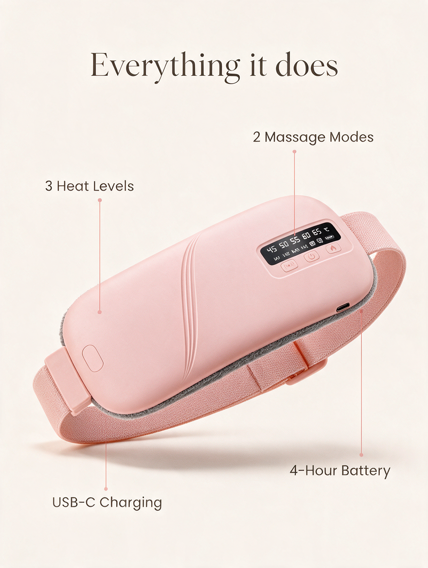 Everything it does — 3 heat levels, 2 massage modes, USB-C charging, 4-hour battery
