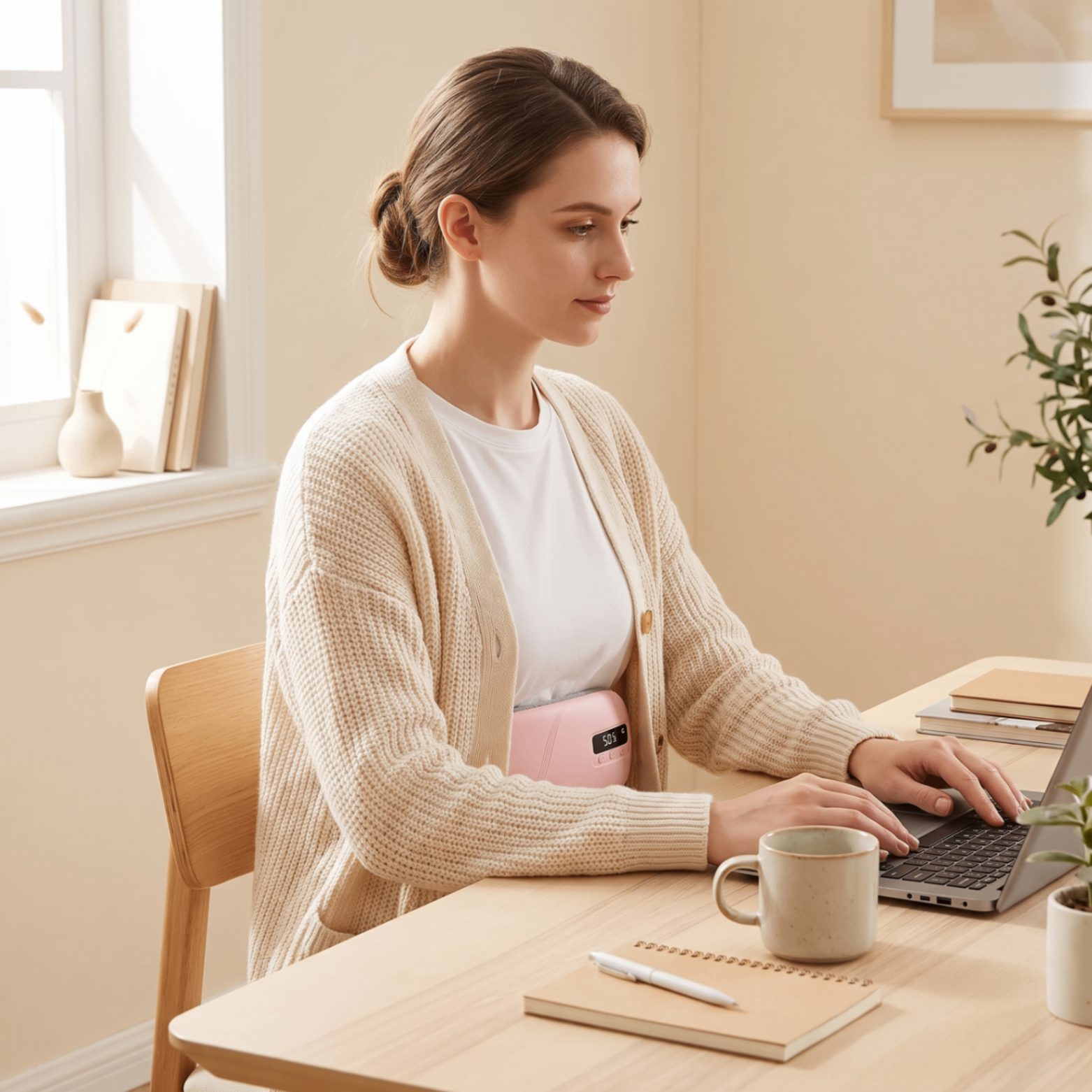 Woman focused at her desk, working comfortably